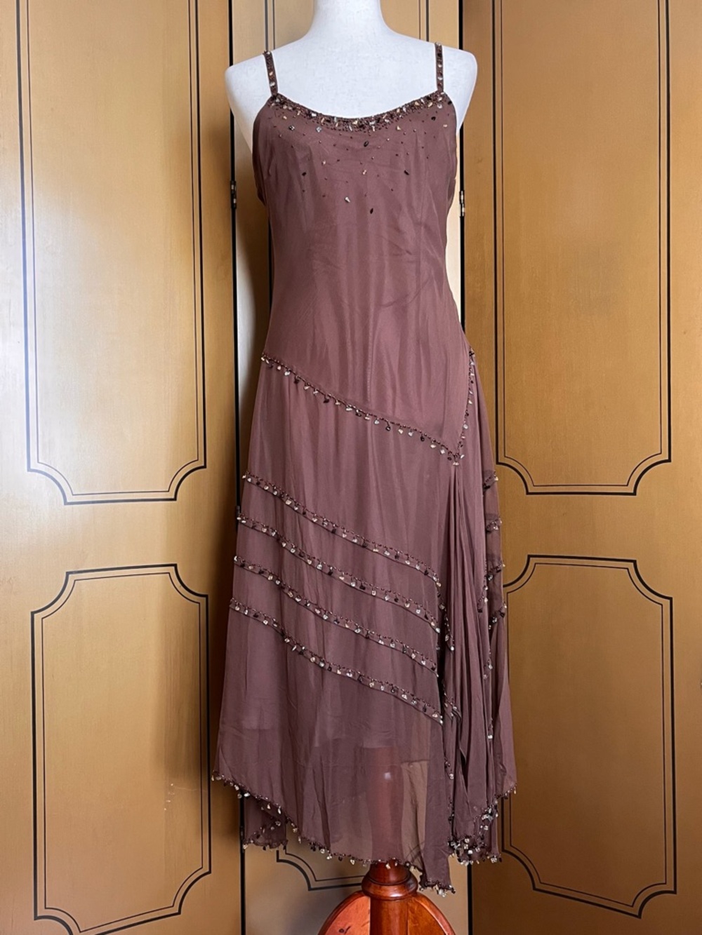 Mixit Brown Beaded Silk Slip Dress